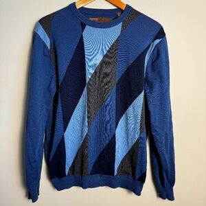 Perry Ellis Men's Argyle Diamond Long Sleeve Light Sweater Blue Medium Dad Retro